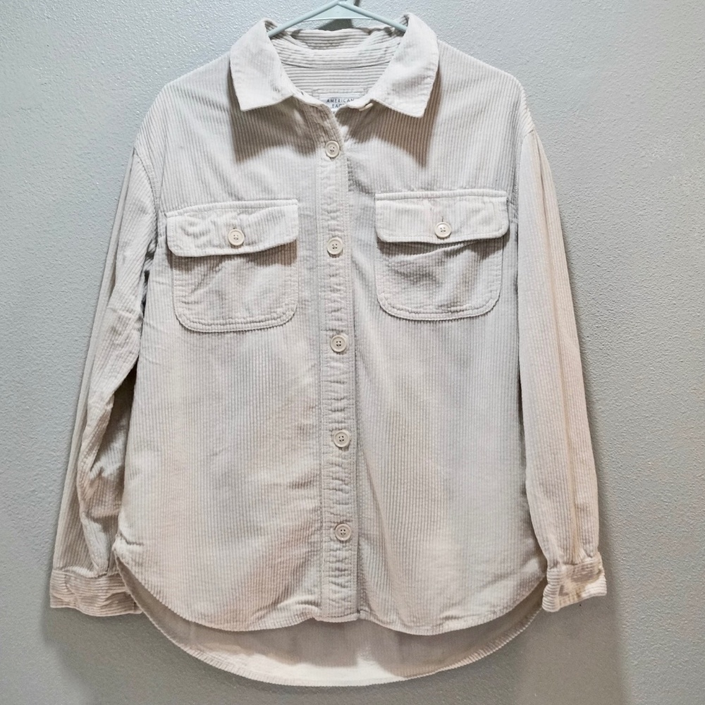 American Eagle Corduroy Shacket Overshirt Neutral Minimalist Layering Utility S
